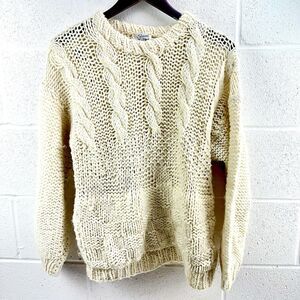 1960's Grazia Italian Wool Hand Knit Vintage Cream Cable Knit Sweater Sz Medium